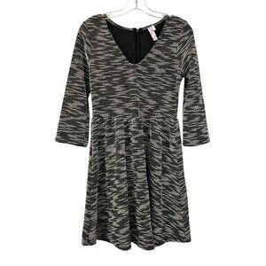 Alya Womens V-Neck 3/4 Sleeve A-Line Dress Black/Ivory Marled Striped Large Zip